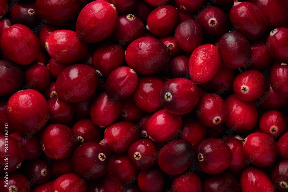 Scattering of ripe cranberries are laying on a table, creating a festive and colorful backdrop for holiday baking and cooking Scattering of ripe cranberries are laying on a table, creating a festive and colorful backdrop for holiday baking and cooking