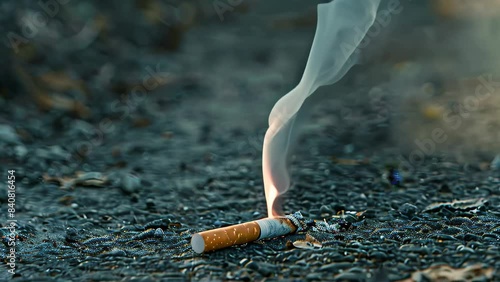 A cigarette producing smoke that curls and dances above it, A trail of smoke curling and dancing above the abandoned cigarette photo