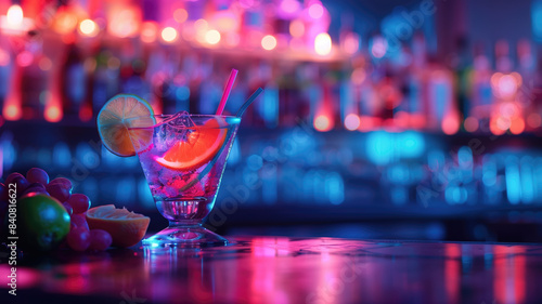 Colorful cocktails in a glass on the bar counter, neon lights on dark night background with lights