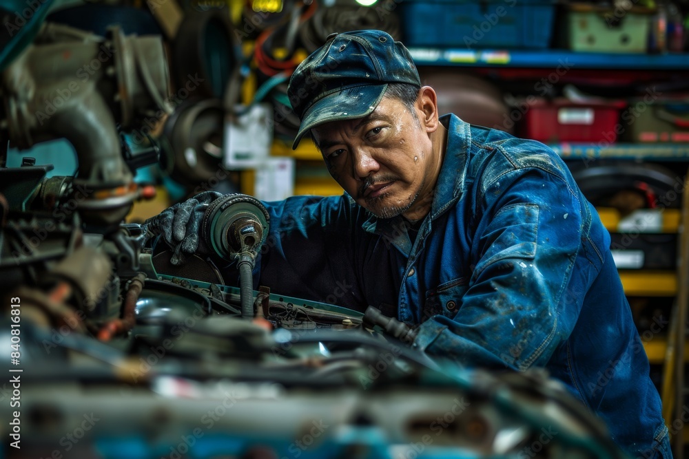 Mechanic Inspecting Fuel Lines for Leaks and Ensuring Secure Connections in a Workshop Environment Mechanic Inspecting Fuel Lines for Leaks and Ensuring Secure Connections in a Workshop Environment