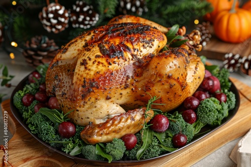 Roasted turkey with festive decorations, showcasing a hearty, celebratory meal in a cozy, inviting setting perfect for holidays
