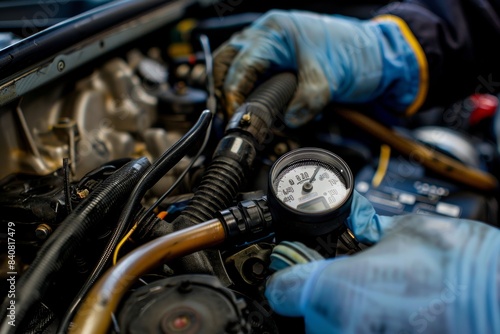 Mechanic Performing Compression Test on Car Engine with Gauges and Tools in Garage Setting