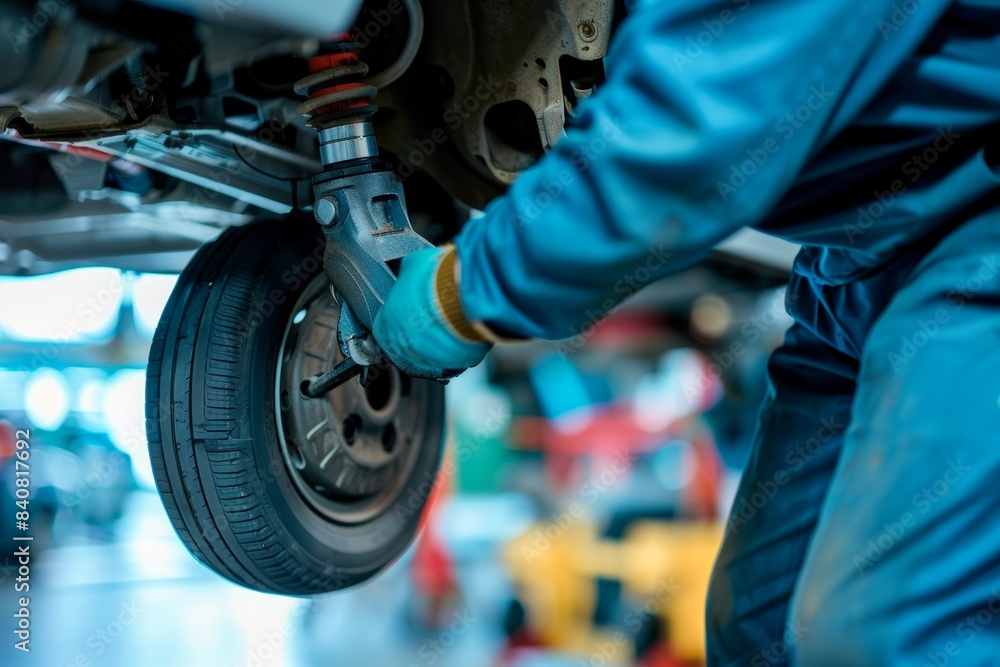 Professional Mechanic Removing Car Wheel with Pneumatic Wrench in Auto Repair Shop Professional Mechanic Removing Car Wheel with Pneumatic Wrench in Auto Repair Shop