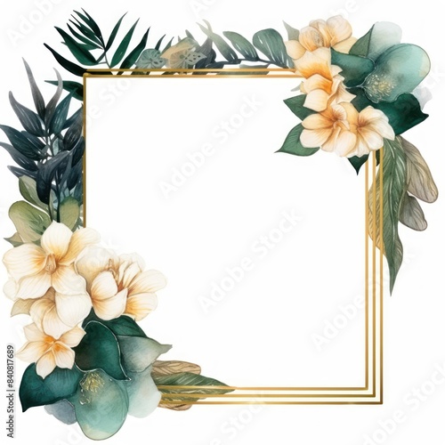 Botanical Floral Frame with Tropical Leaves and Flowers