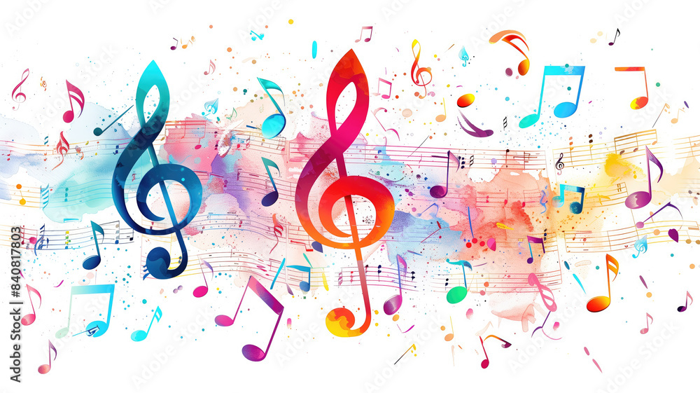 Colorful music notes background with sheet music, disc and treble clef. Colorful music notes background with sheet music, disc and treble clef.