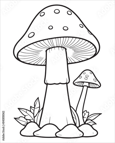 Mushroom coloring pages for kids, Mushroom vector illustration, Black and white