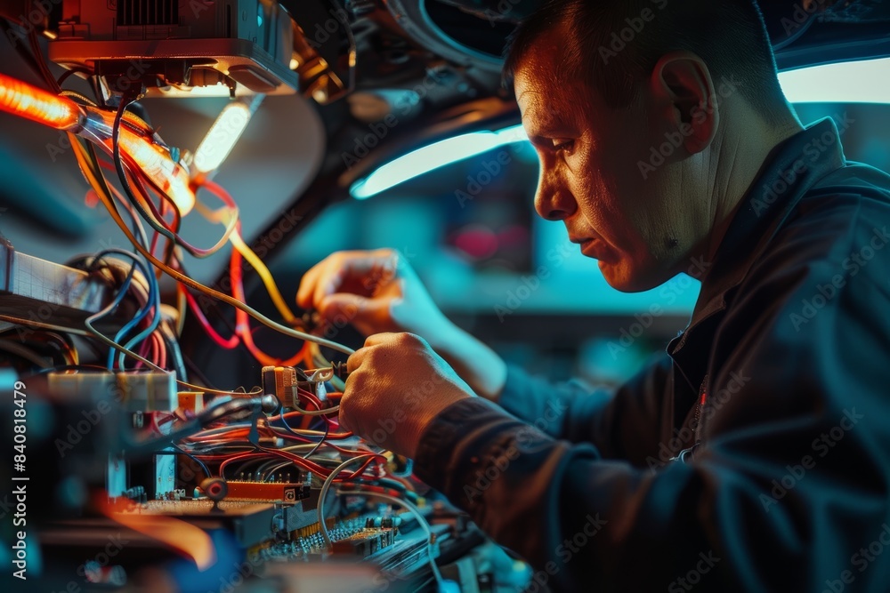 Mechanic Working on Car Electronics in Well-Lit Organized Repair Shop - Expert Automotive Maintenance Mechanic Working on Car Electronics in Well-Lit Organized Repair Shop - Expert Automotive Maintenance