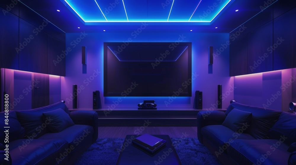 Modern Home Theater Room with Sleek Black Furniture and Ambient Blue Lighting for Design and Poster Modern Home Theater Room with Sleek Black Furniture and Ambient Blue Lighting for Design and Poster