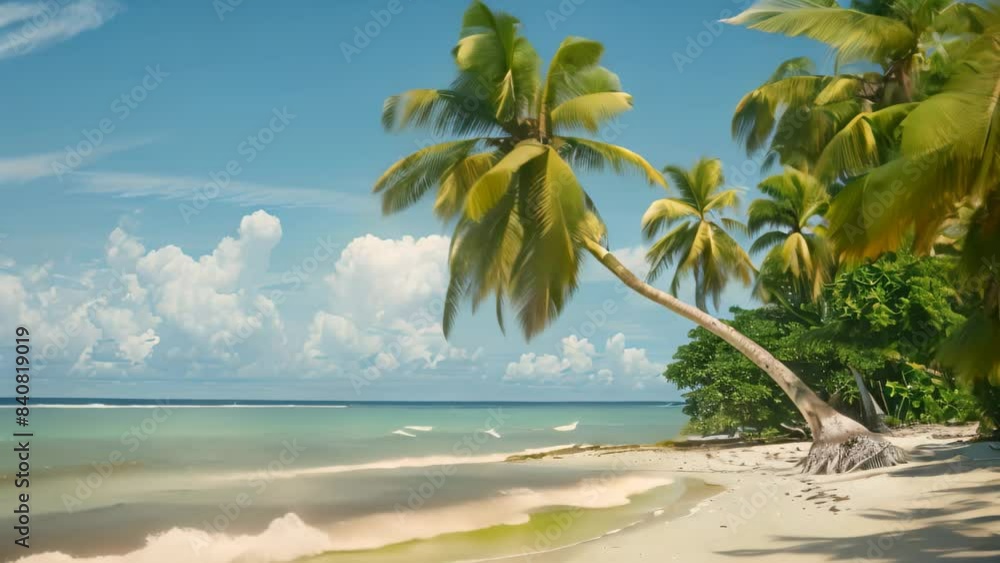 Palm trees sway on a beach with clear blue water under a bright sky, A tranquil beach scene with palm trees swaying in the breeze Palm trees sway on a beach with clear blue water under a bright sky, A tranquil beach scene with palm trees swaying in the breeze
