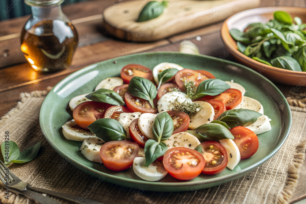Fresh Caprese Salad With Basil and Mozzarella on a Green Plate Fresh Caprese Salad With Basil and Mozzarella on a Green Plate