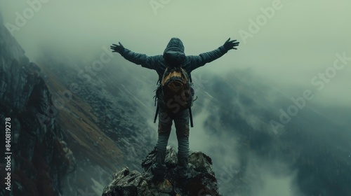 A Solo Backpacker Stands Triumphantly on a Mountain Peak in Foggy Conditions