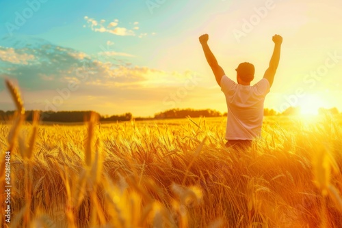 Sunrise victory in golden wheat field with jubilant young adult © volga