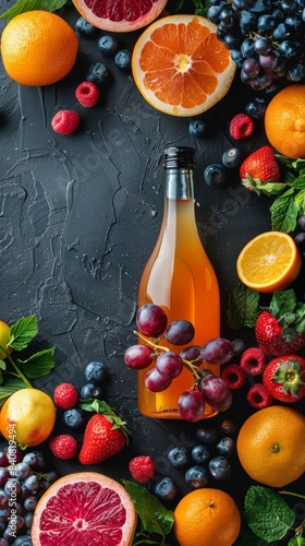 Fresh Fruit and Vegetable Arrangement on Wooden Cutting Board