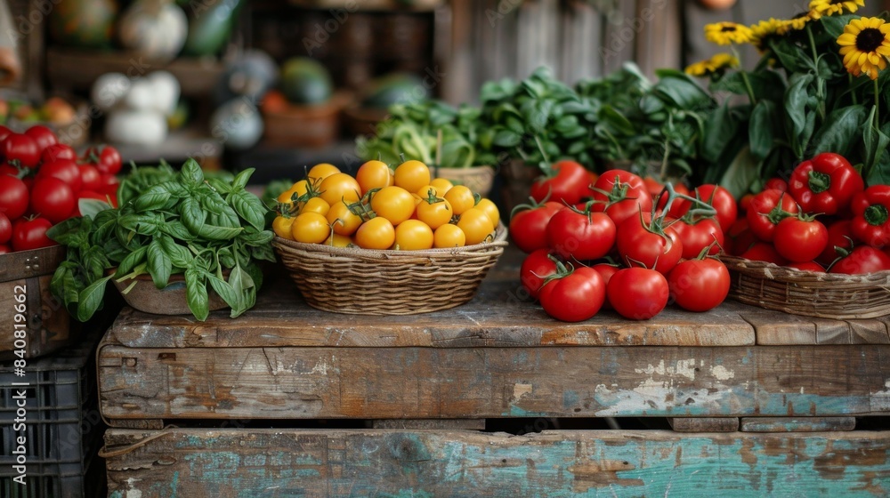 Fresh Tomatoes, Herbs, and Garlic on Rustic Wooden Tabletop Fresh Tomatoes, Herbs, and Garlic on Rustic Wooden Tabletop
