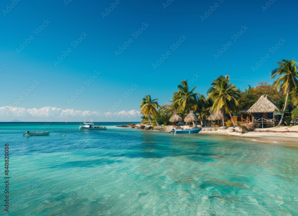 A tropical island with palm trees and small boats in the water, white sandy beaches and thatched roof huts on them, blue sky, high resolution photography A tropical island with palm trees and small boats in the water, white sandy beaches and thatched roof huts on them, blue sky, high resolution photography