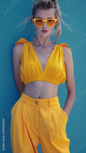 Young Woman Wearing Yellow Top and Pants Against Blue Background