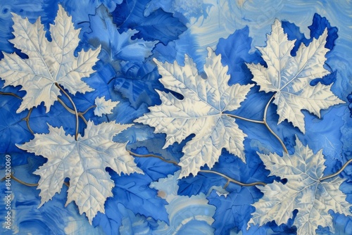Serene blue watercolor background with white autumn leaves
