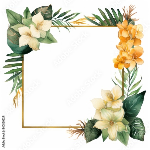 Botanical Floral Frame with Tropical Leaves and Flowers
