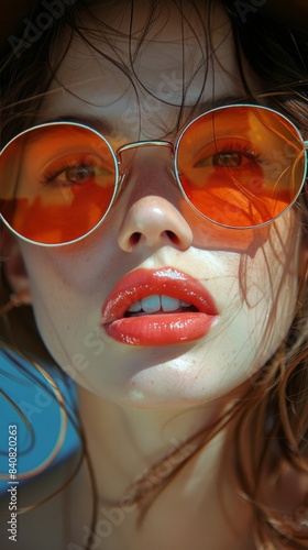 Close Up Portrait of Woman Wearing Orange Sunglasses on a Sunny Day