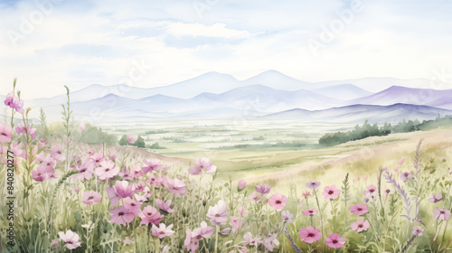 Watercolor mountain landscape with wildflowers  pastel colors