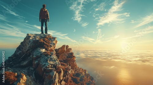 Solitary Figure Standing Above the Clouds on a Mountain Peak