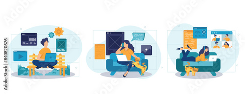 Freelance working isolated set in flat design. People doing remote work on laptops from home office, collection of scenes. Vector illustration for blogging, website, mobile app, promotional materials.