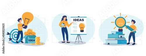 Finding ideas concept isolated person situations. Collection of scenes with people come up with new ideas, brainstorm, develop project plan and strategy. Vector illustration in flat design