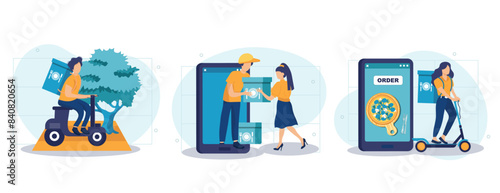 Food delivery concept isolated person situations. Collection of scenes with people couriers carry boxes to customers, online order and tracking at app. Vector illustration in flat design