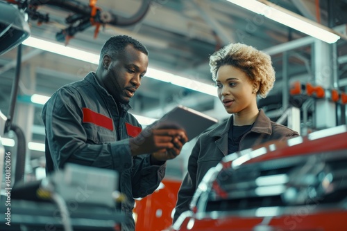Service Advisor Explaining Car Maintenance Details to Customer in Modern Car Service Facility