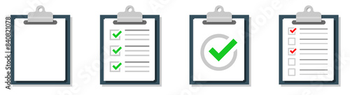 Clipboard with checklist icon set. Flat design style. Round icon. Checklist complete tasks, to-do list, survey, exam icons. Vector illustration