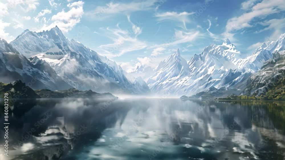 A painting featuring a vast mountain range towering over a tranquil lake in the foreground, A tranquil lake surrounded by towering mountains, their snowy peaks reflected in the water A painting featuring a vast mountain range towering over a tranquil lake in the foreground, A tranquil lake surrounded by towering mountains, their snowy peaks reflected in the water