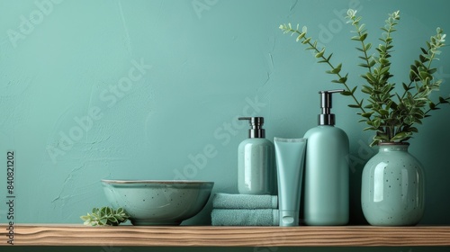 Blue And White Bathroom Products With Greenery And White Flowers