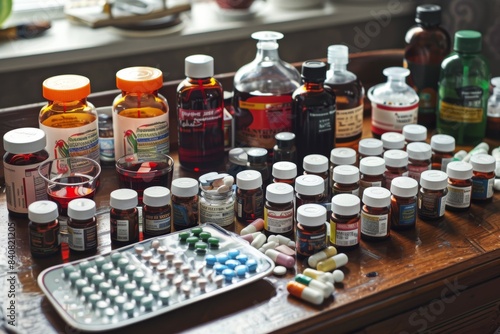 Assorted Over-the-Counter Cold Medications, Pills, Syrups, and Nasal Sprays Neatly Arranged on Table