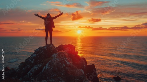 Solitary Figure Standing Above the Clouds on a Mountain Peak
