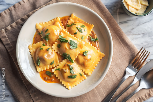 Creamy Tuscan Ravioli on a White Plate