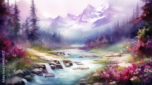 Watercolor landscape, peaceful mountain stream flowing through a lush forest