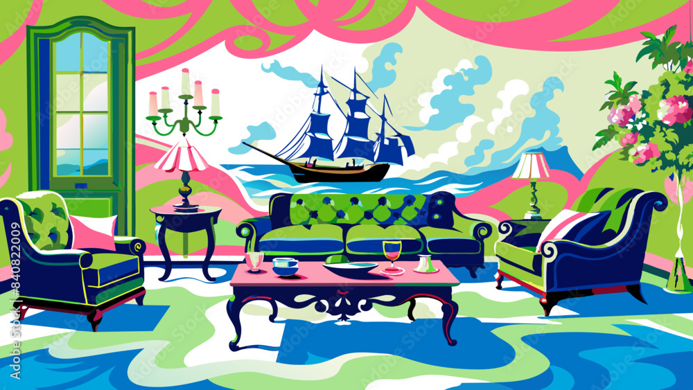 Fototapeta premium Vibrant Living Room Interior with Nautical Wall Mural and Eclectic Decor