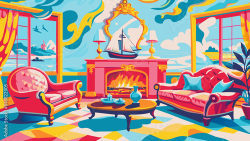 Vibrant Cartoon Living Room with Nautical Theme and Cozy Fireplace