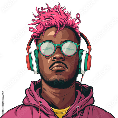 Wallpaper Mural young african man with pink hair wearing glasses and headphones . png . clip art . vector cartoon art style . remove background  Torontodigital.ca
