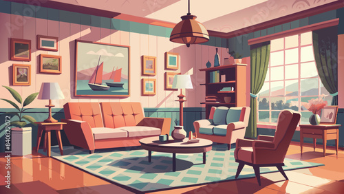 Vintage Living Room Interior with Warm Sunset Light