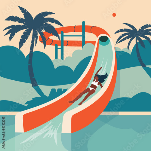 Young woman sliding down a water slide in a water park. Summer activities. Woman having fun in the water. Holidays at an all-inclusive hotel. Flat style illustration