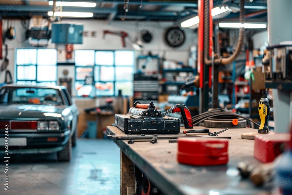 Fototapeta premium Professional Garage Workbench with Organized Car Maintenance Tools for Effective Repairs