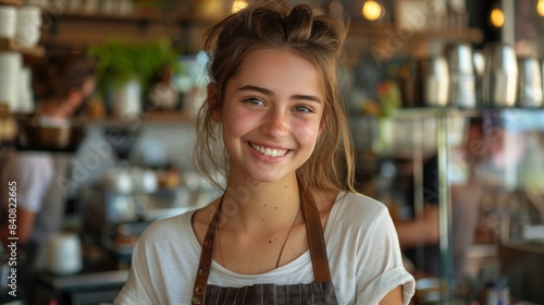 A joyful woman in work attire delights in her job at a bustling café with a welcoming grin