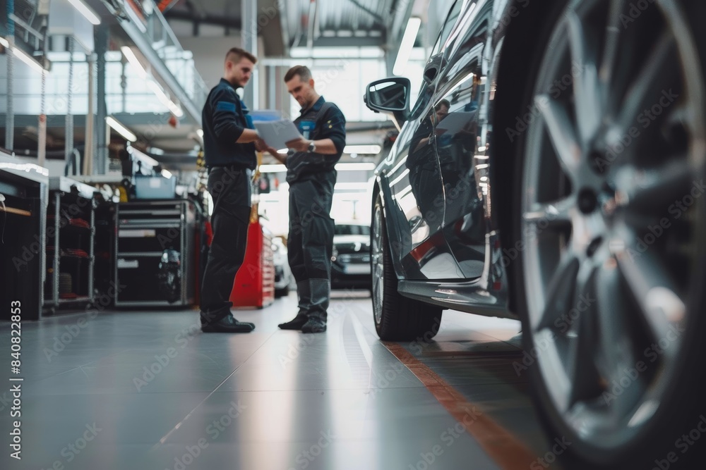 Automotive Technician Explaining Car Maintenance Report to a Customer in Modern Auto Service Center Automotive Technician Explaining Car Maintenance Report to a Customer in Modern Auto Service Center