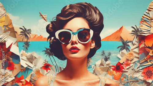 Summer collage vacation women trendy with paper cut style illustration