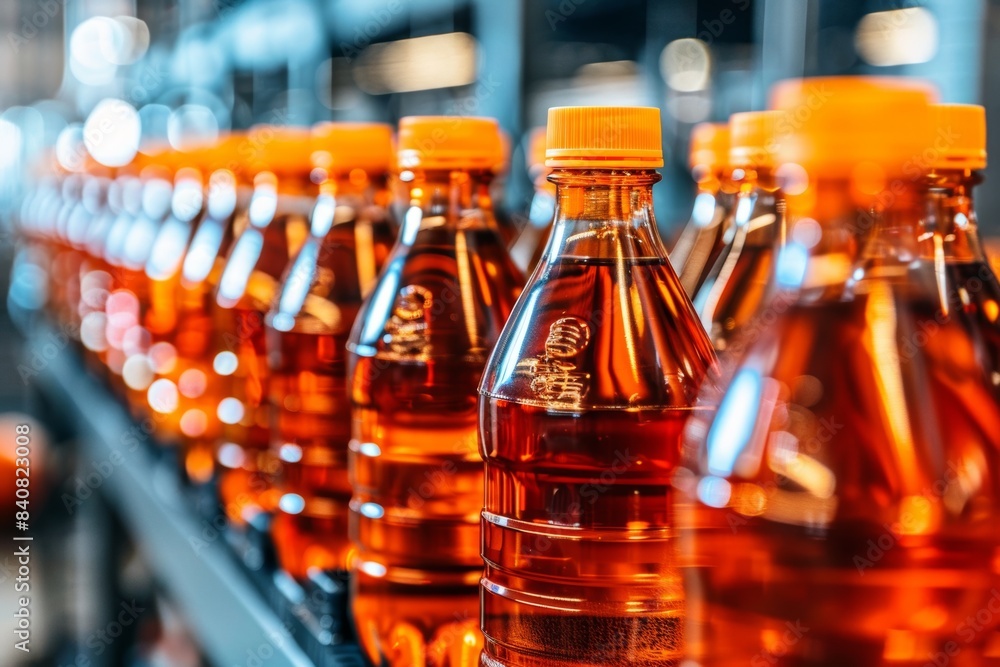 Orange plastic bottles on production line in industrial setting Orange plastic bottles on production line in industrial setting