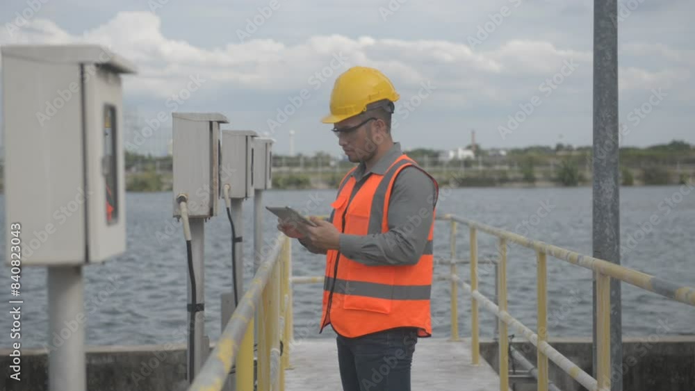 an engineer try to checking the valve gauge plumbing system and try to adjust the gauge to be the standard value on a tablet controller system, waste water treatment, an engineer try to checking the valve gauge plumbing system and try to adjust the gauge to be the standard value on a tablet controller system, waste water treatment,