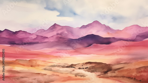 Watercolor landscape of purple mountains