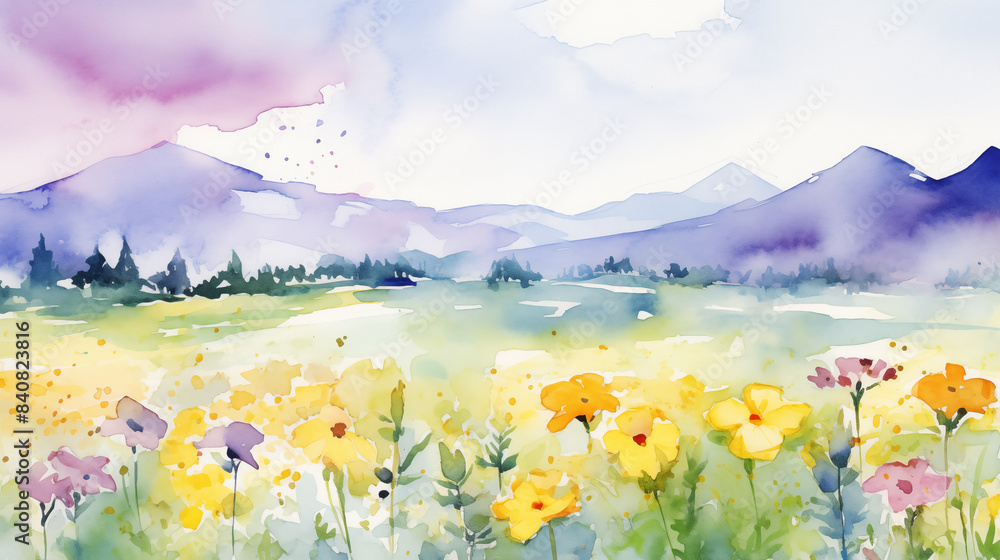 Fototapeta premium Watercolor summer landscape with flowers and mountans