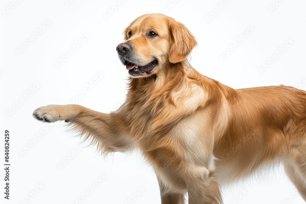 A golden retriever dog is extending its paw to the side while standing alone on a white background, Generative AI A golden retriever dog is extending its paw to the side while standing alone on a white background, Generative AI